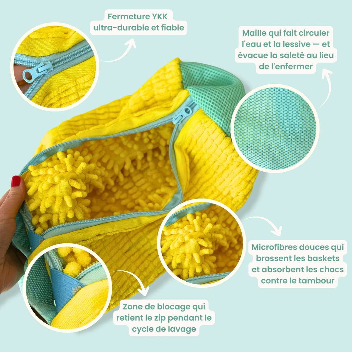 Détails du sac de lavage : fermeture zip, maille respirante et fibres microfibres