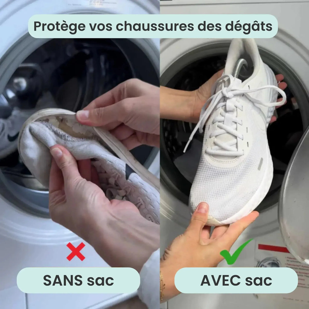 Sac de lavage chaussures jaune et vert d'eau fermé par zip