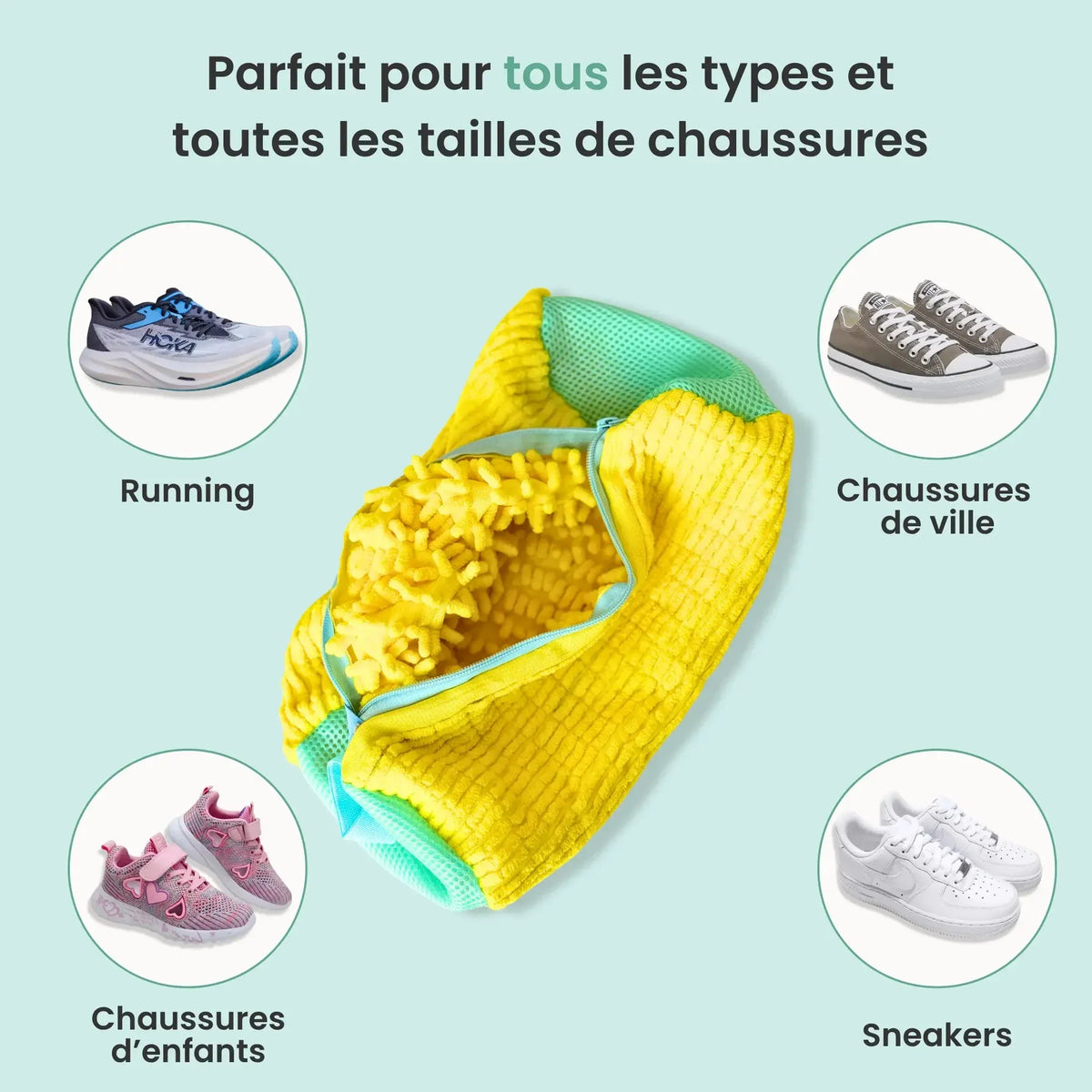Baskets blanches lavées en machine dans un sac de protection