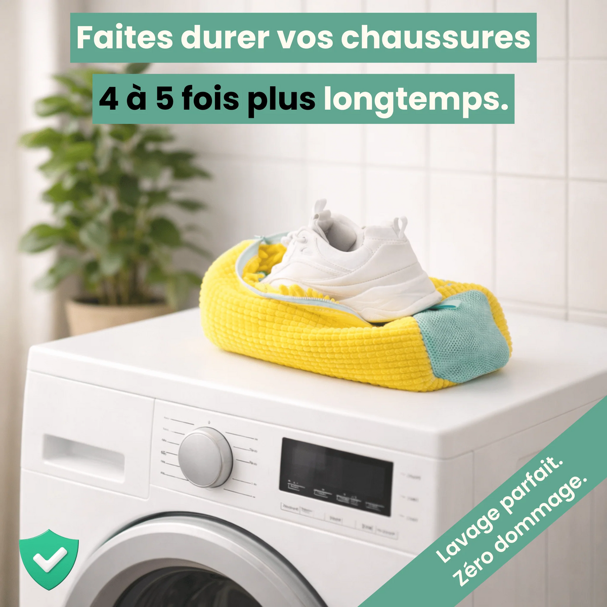 Sac de lavage FreshIt jaune avec une basket blanche sur une machine à laver