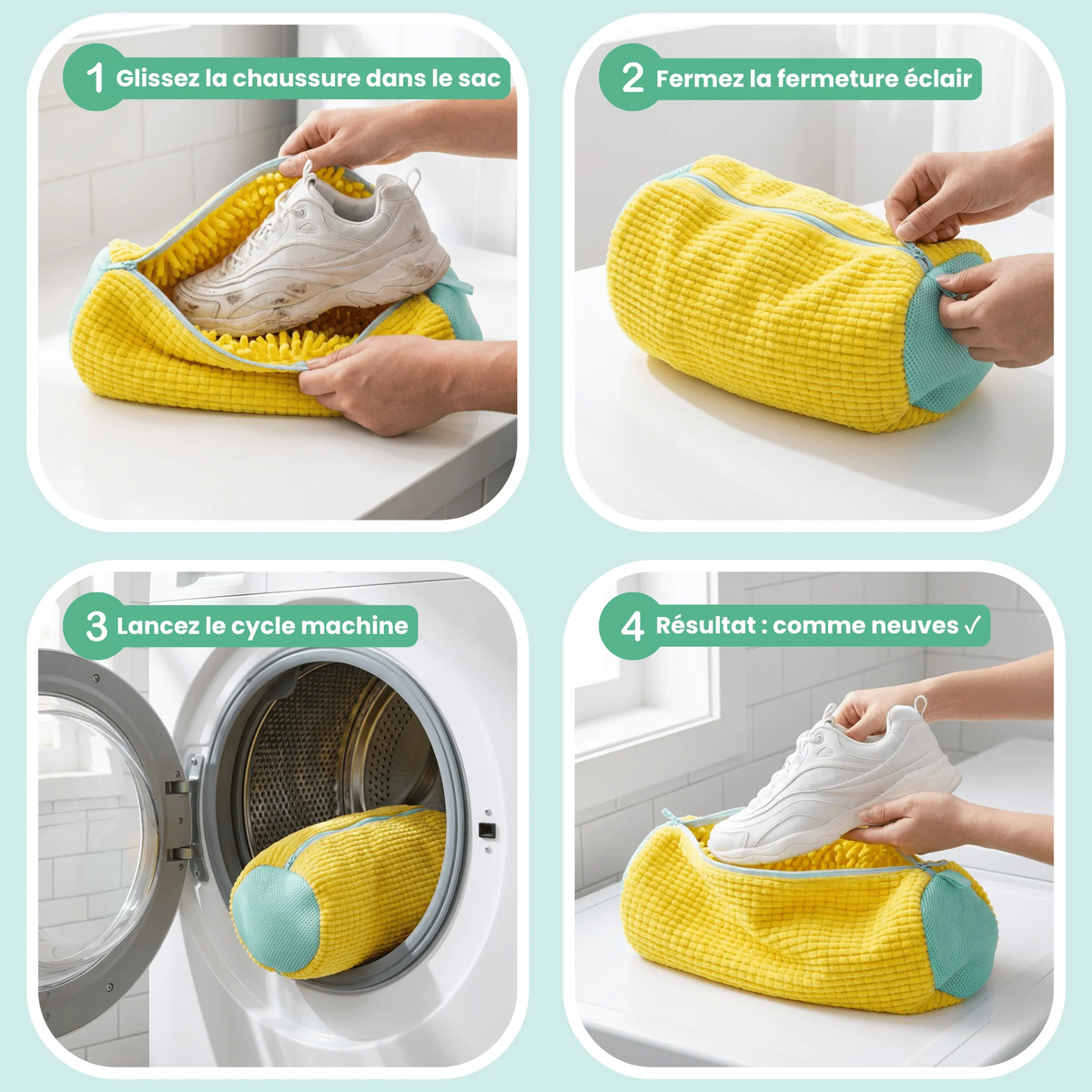 Basket placée dans le sac de lavage pour chaussures avant le cycle en machine